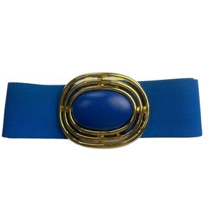 Vintage Blue Stretch Waist Cinc Belt w/Faux Leather in Center Gold Tone Buckle